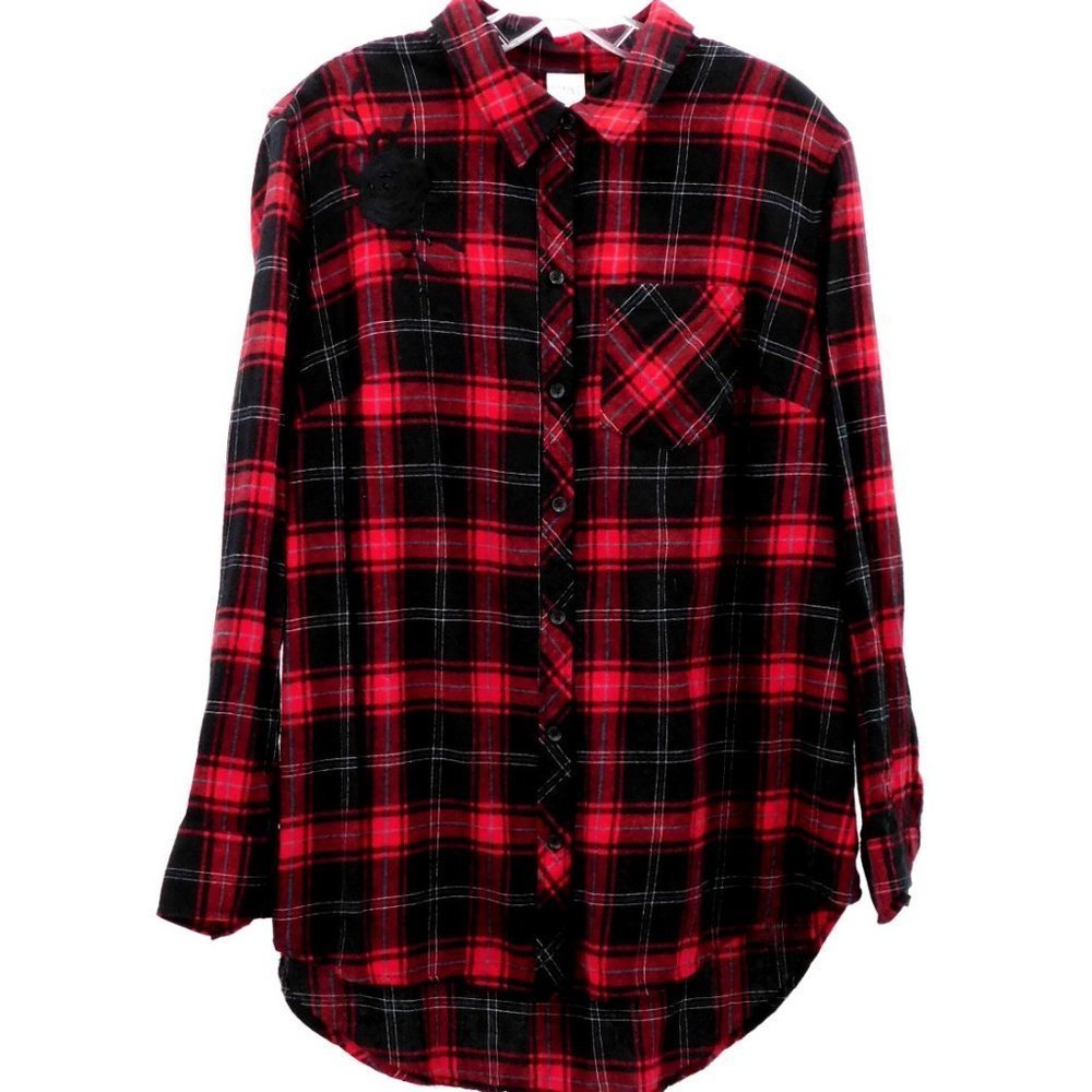 NWT Terra & Sky Plaid with Floral Embroidery Button Down Shirt